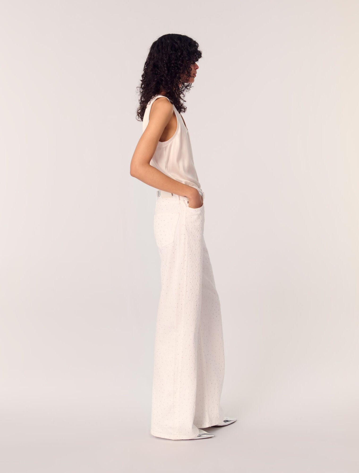 White-Wide-Leg Rhinestone Jeans