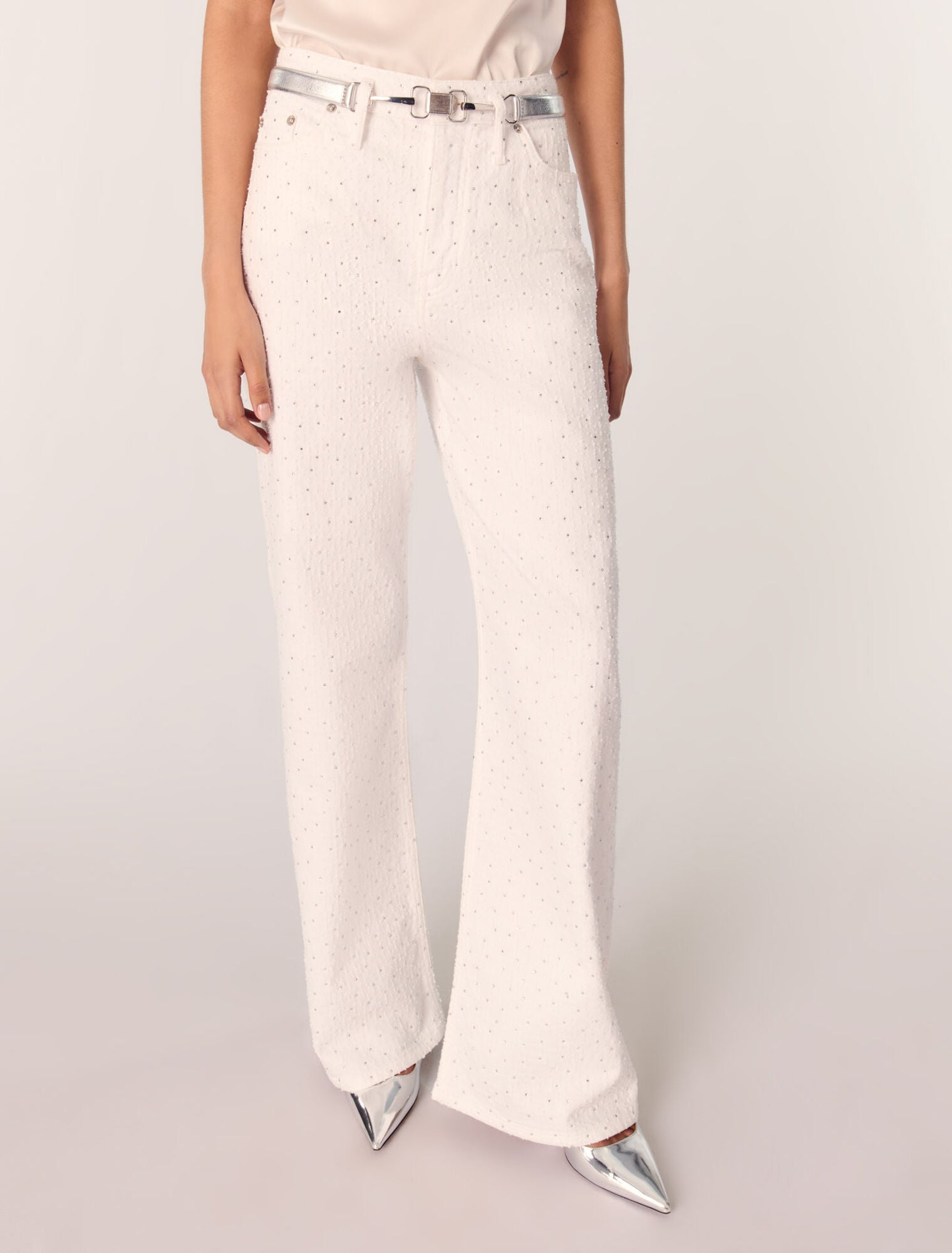 White-Wide-Leg Rhinestone Jeans
