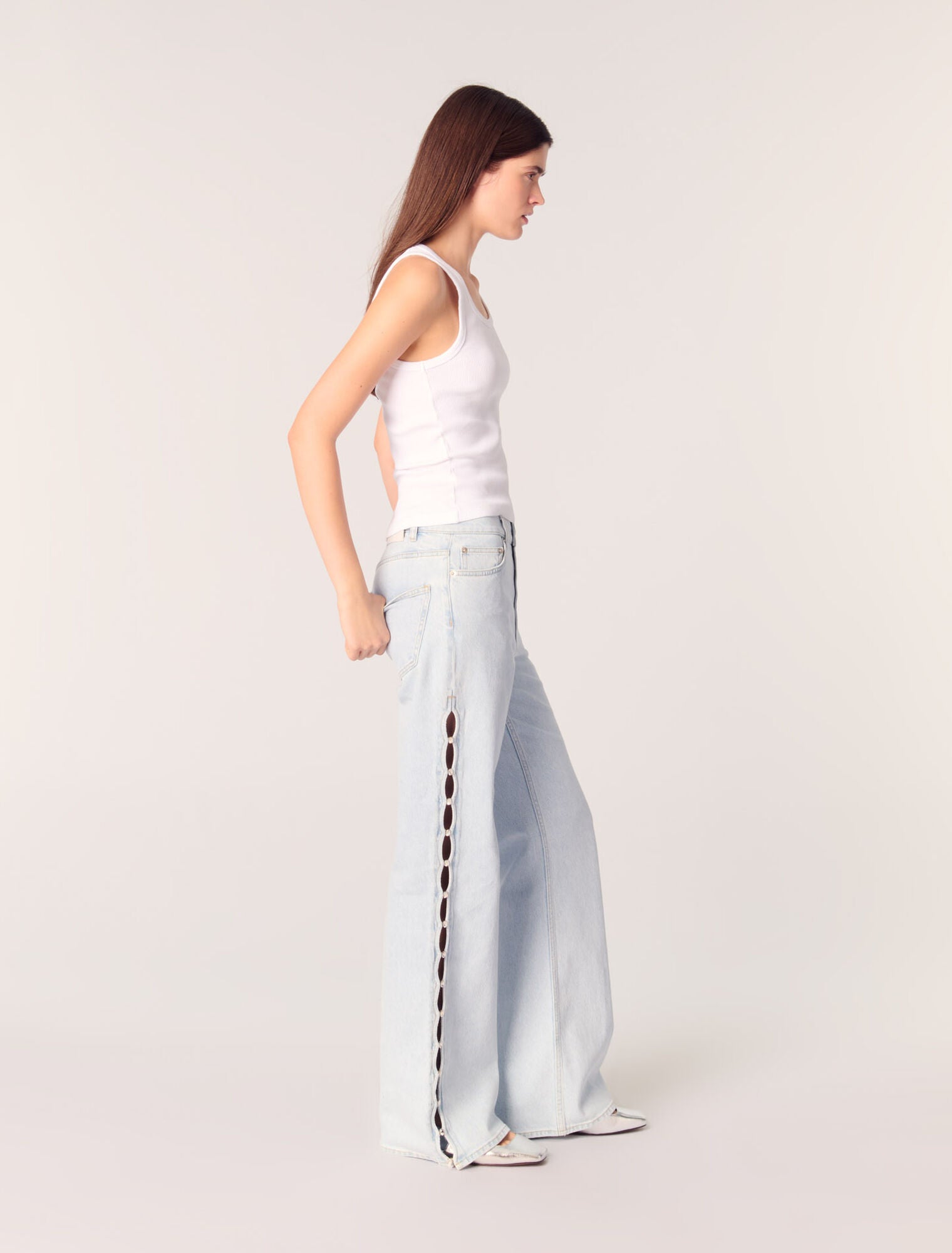 Blue Sky-Wide-Leg Rhinestone Cutaway Jeans