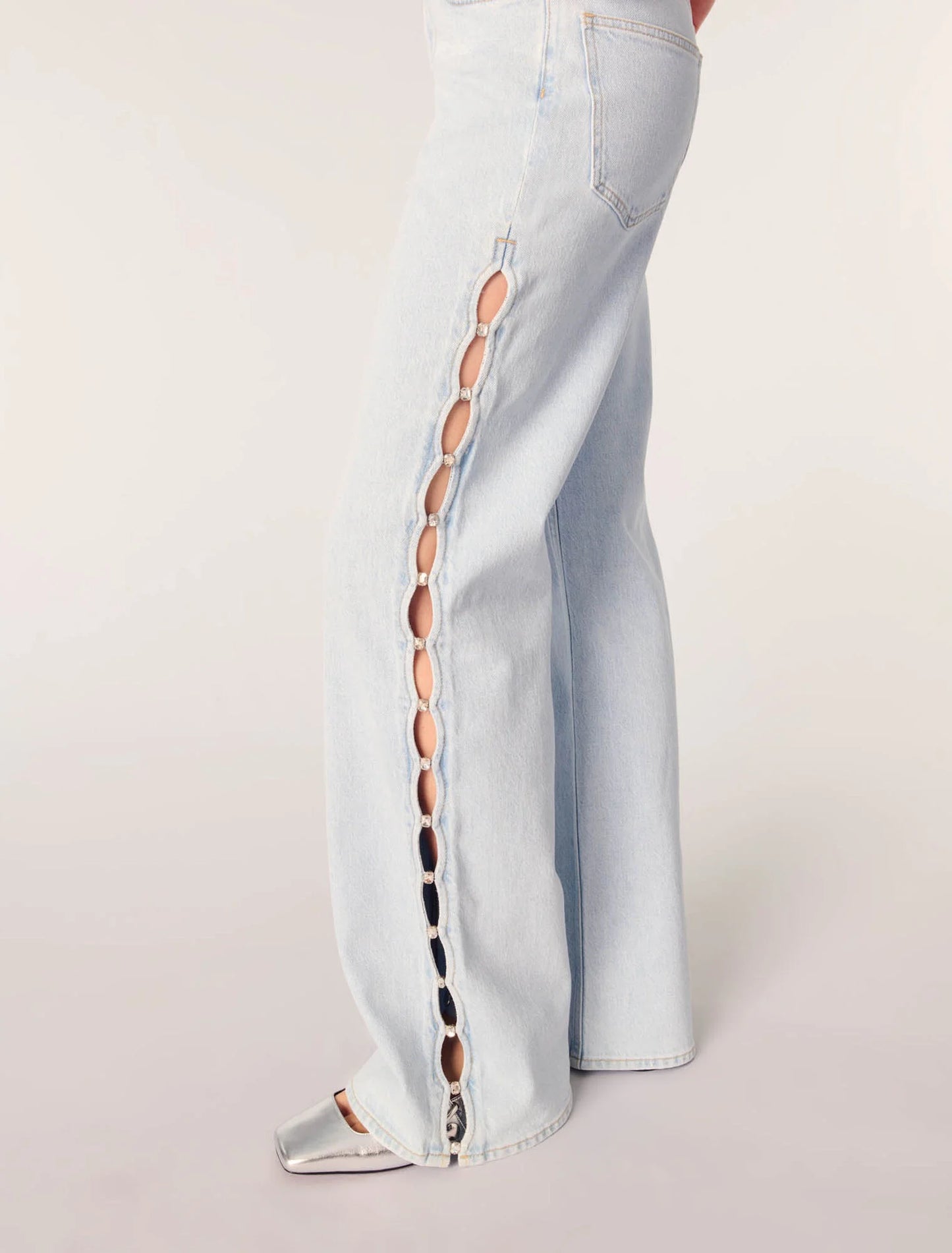 Blue Sky-Wide-Leg Rhinestone Cutaway Jeans