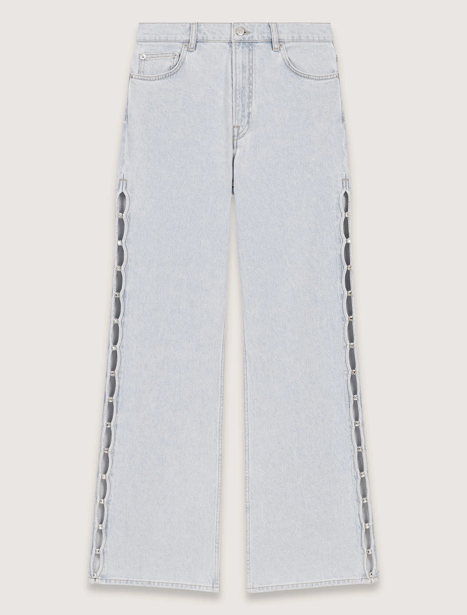 Blue Sky-Wide-Leg Rhinestone Cutaway Jeans