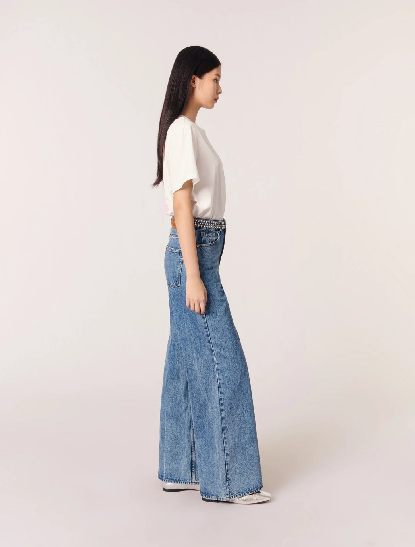 Blue Jean-Flares jeans with studded waistband