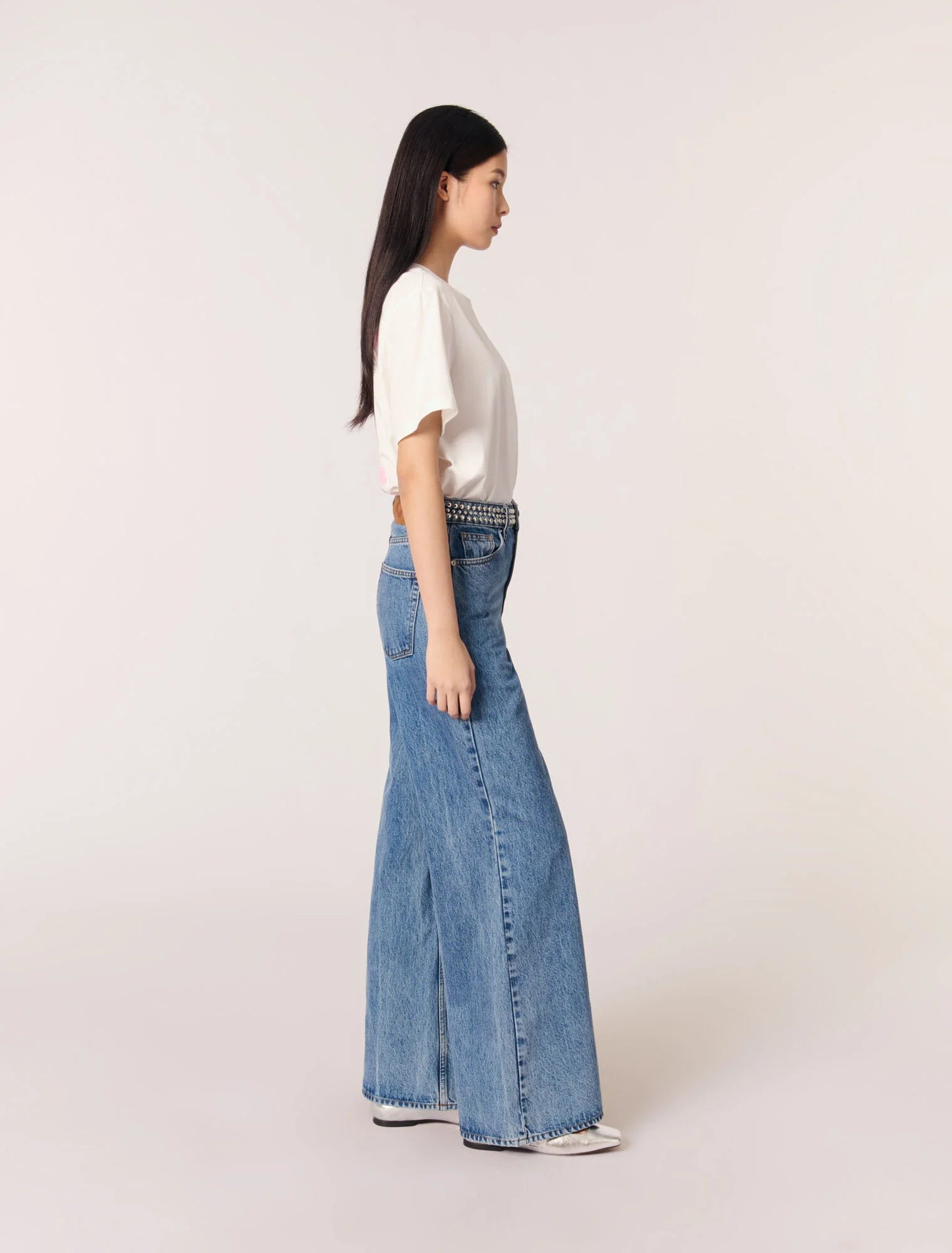 Blue Jean-Flares jeans with studded waistband