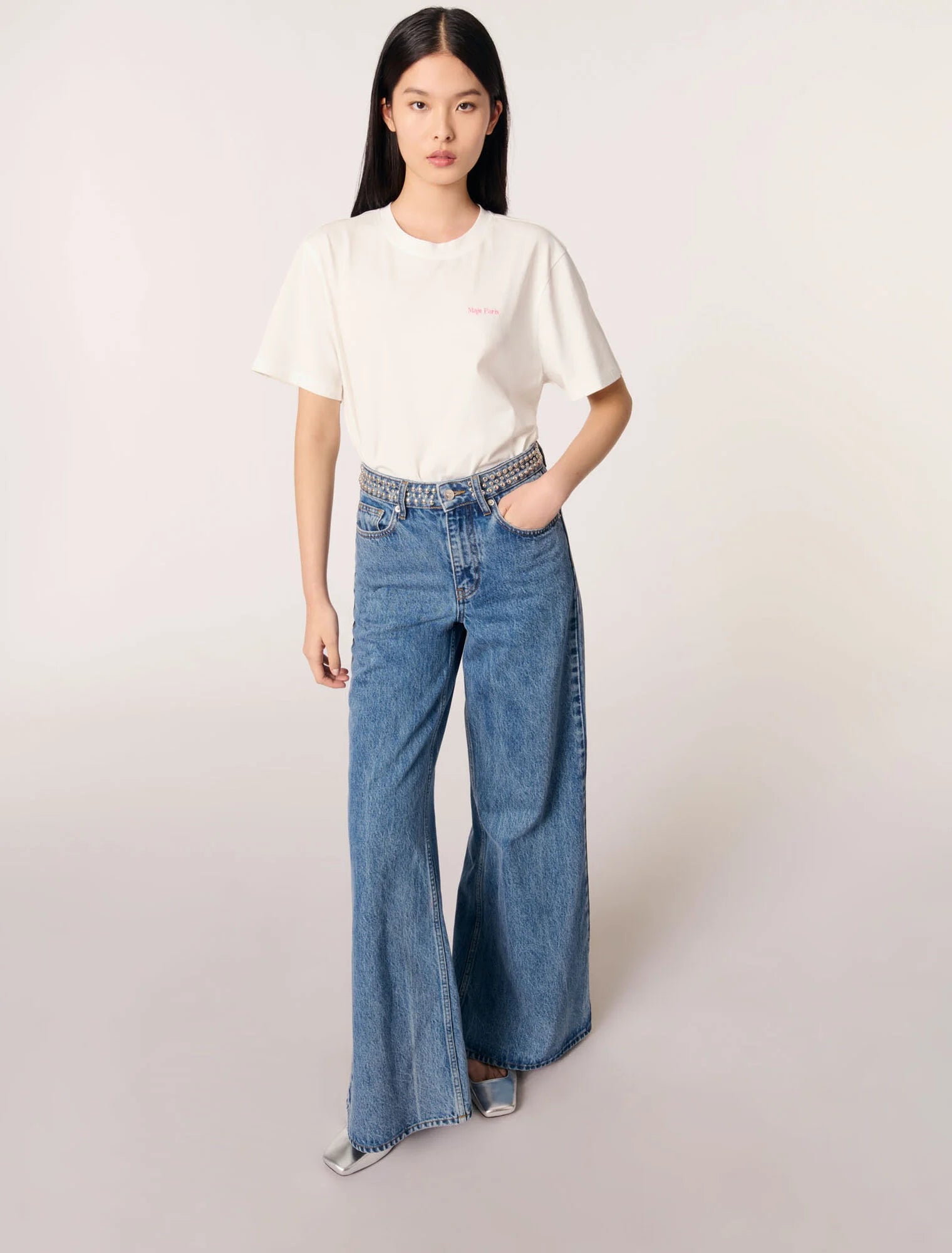 Blue Jean-Flares jeans with studded waistband
