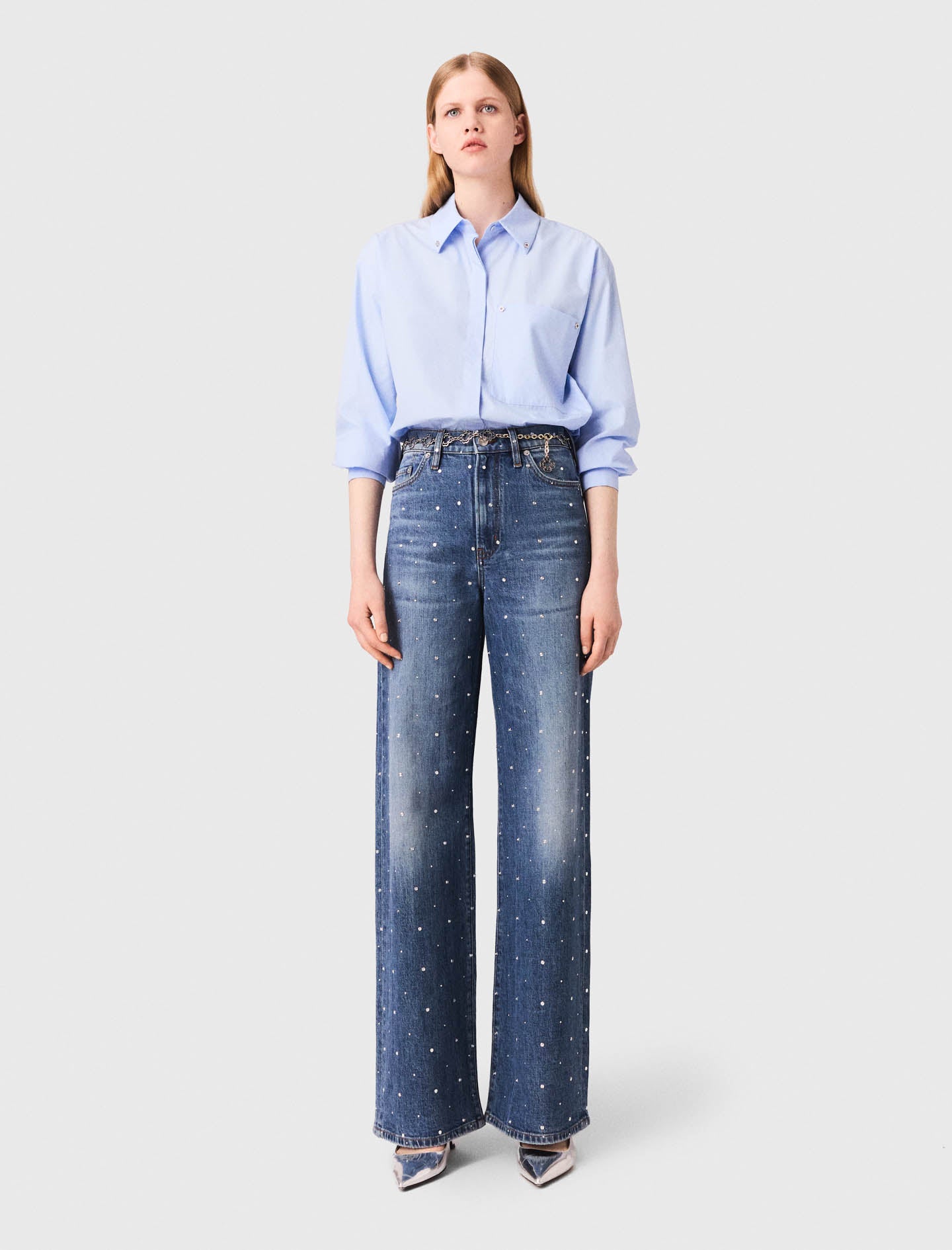Wide denim jeans with studs