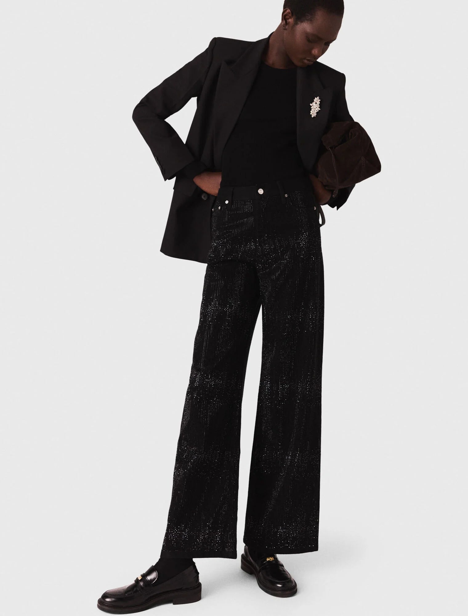 Wide-leg rhinestone jeans Black