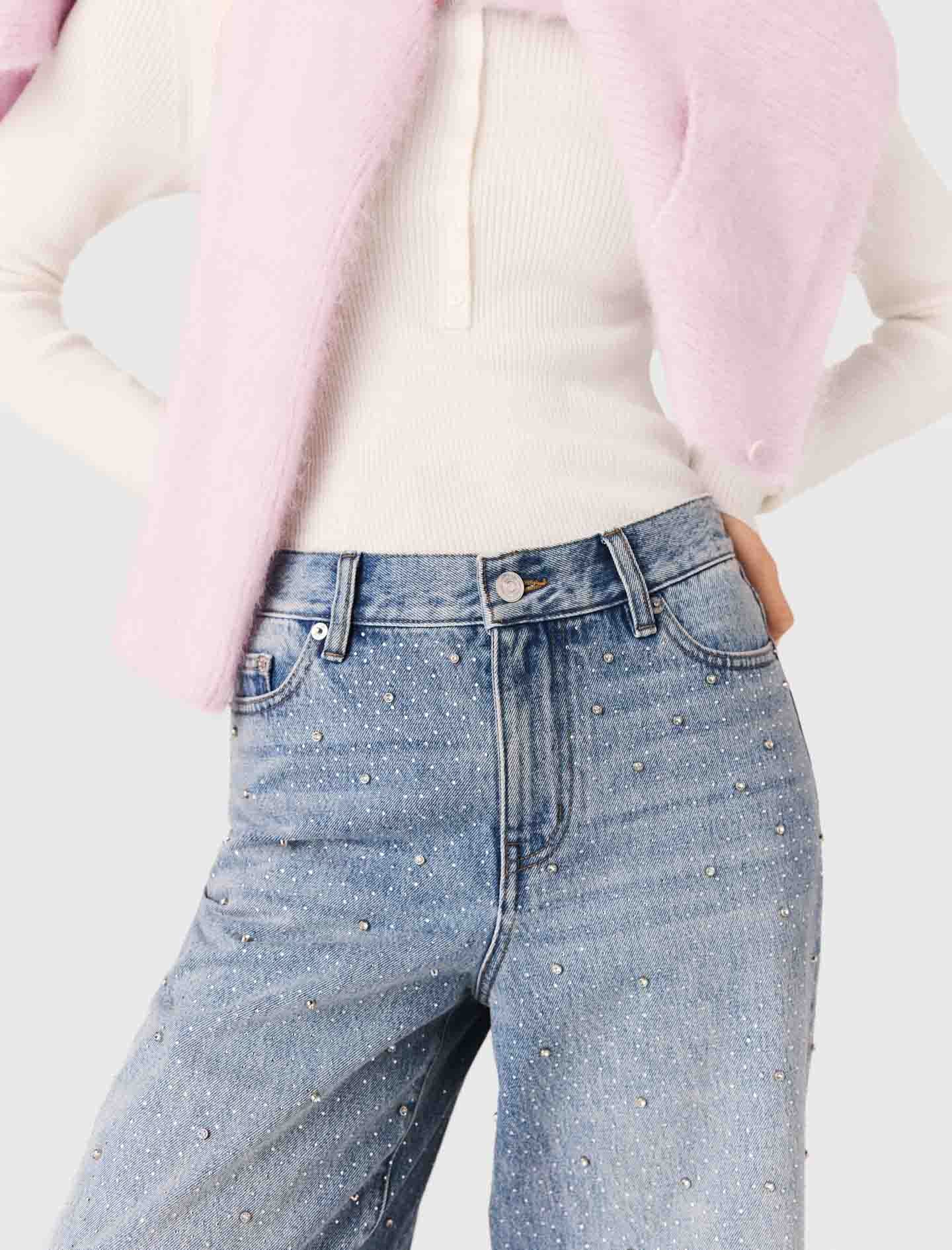 Wide-Leg All-Over Rhinestone Jeans BLUE