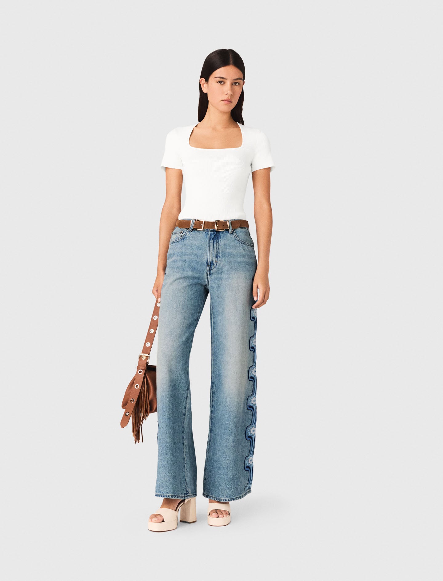 Floral Embroidered Wide-Leg Jeans Blue