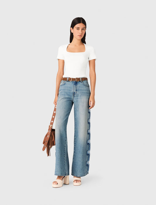 Floral Embroidered Wide-Leg Jeans Blue