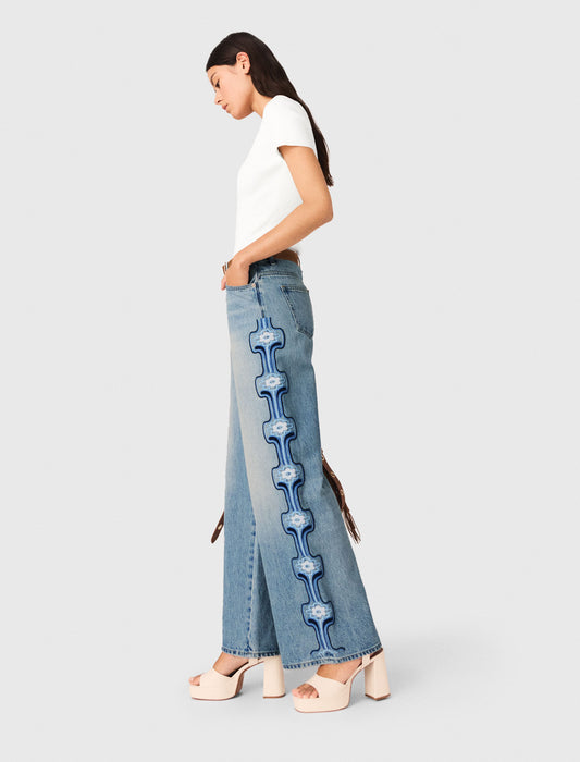 Floral Embroidered Wide-Leg Jeans Blue