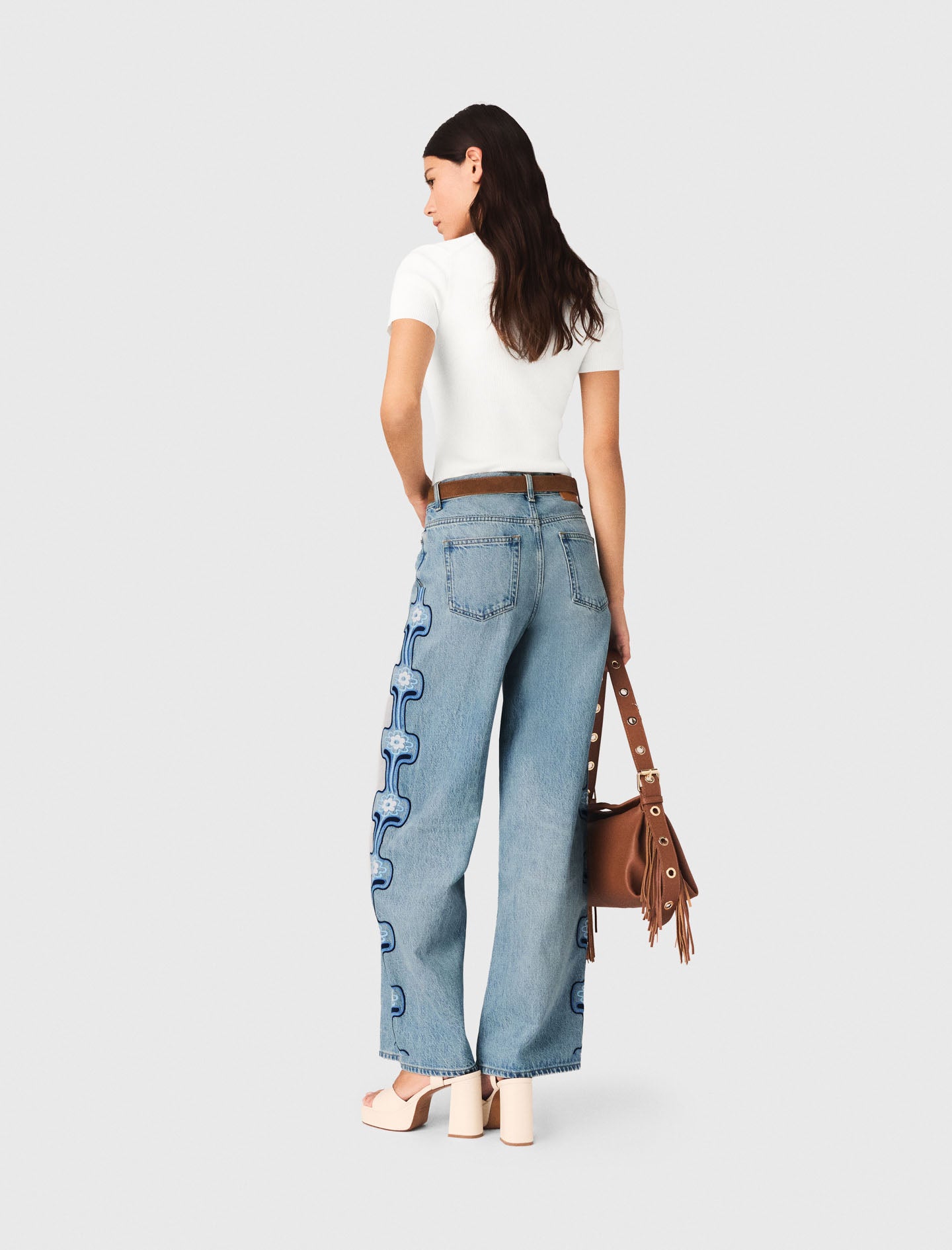 Floral Embroidered Wide-Leg Jeans Blue