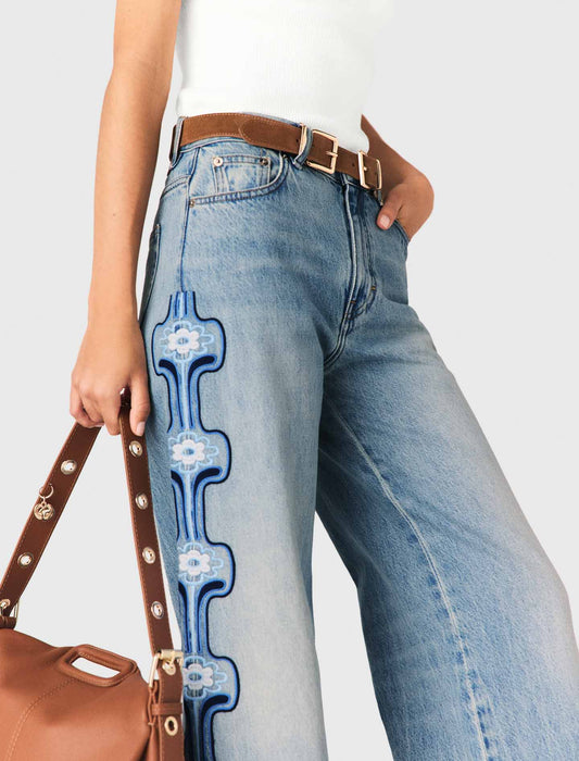 Floral Embroidered Wide-Leg Jeans Blue