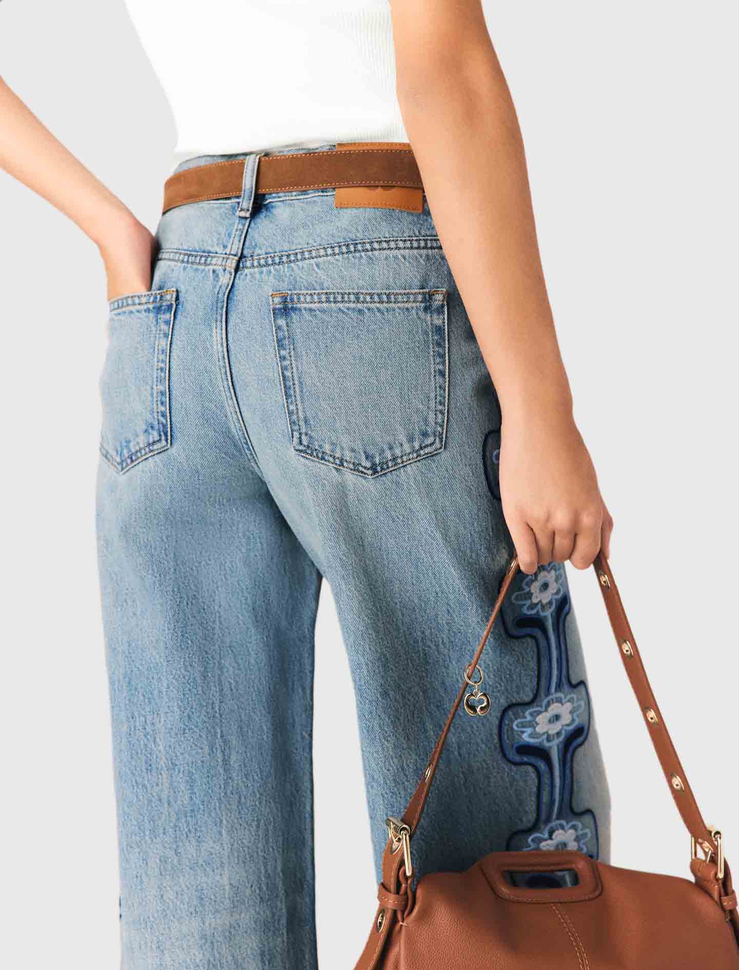 Floral Embroidered Wide-Leg Jeans Blue
