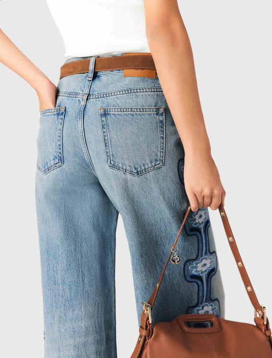 Floral Embroidered Wide-Leg Jeans Blue