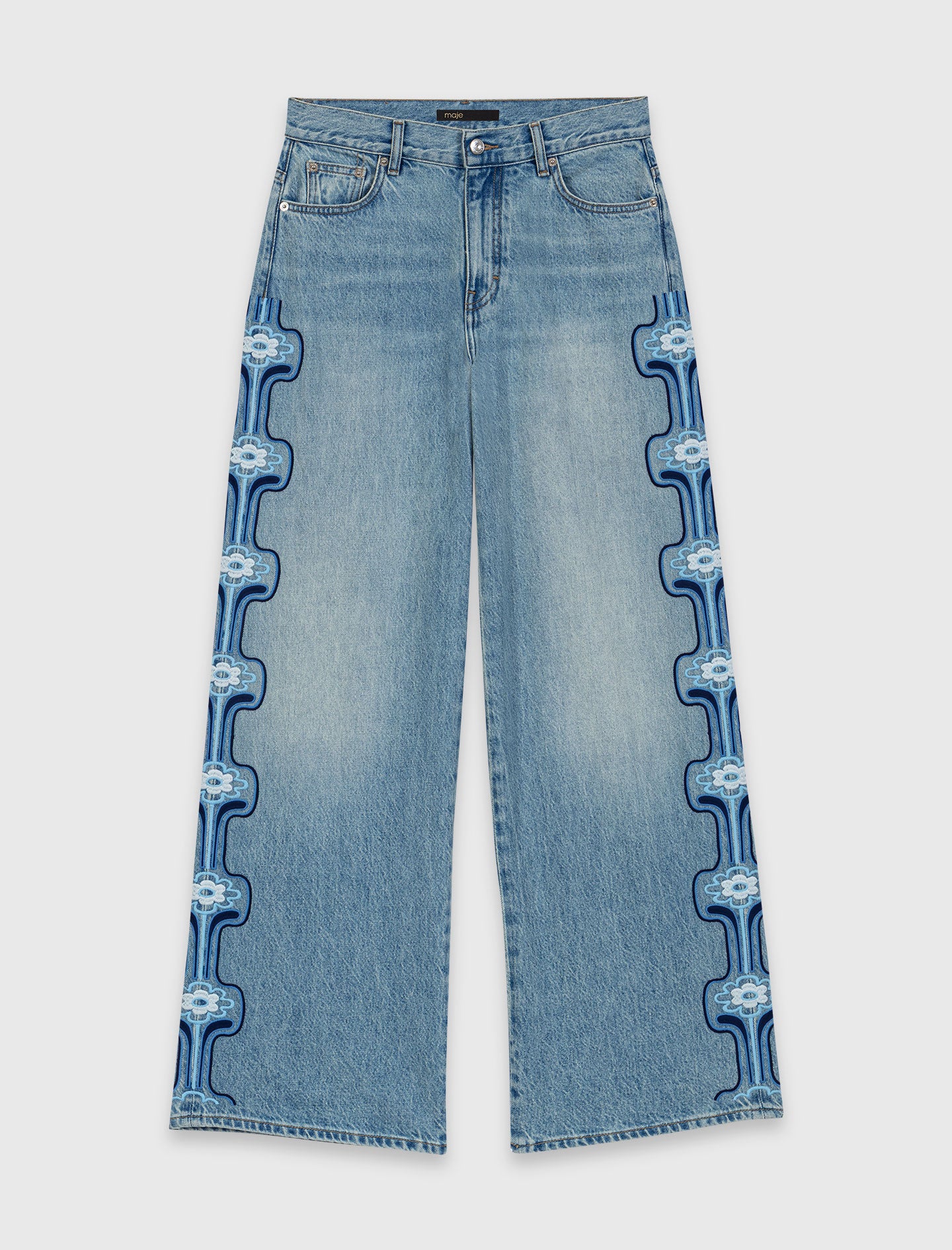 Floral Embroidered Wide-Leg Jeans Blue