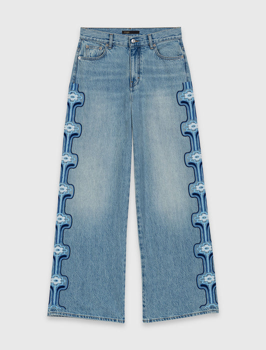 Floral Embroidered Wide-Leg Jeans Blue