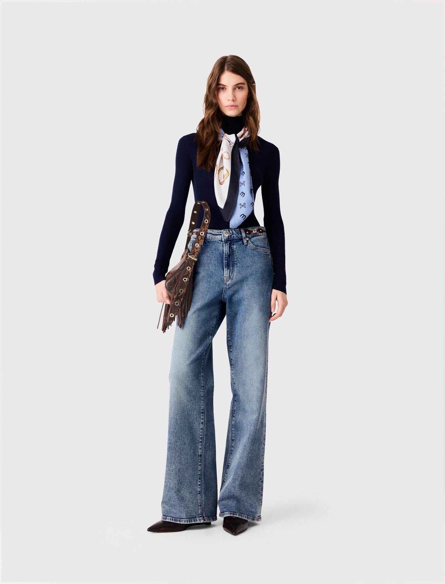 Wide-leg leather buckle jeans Blue