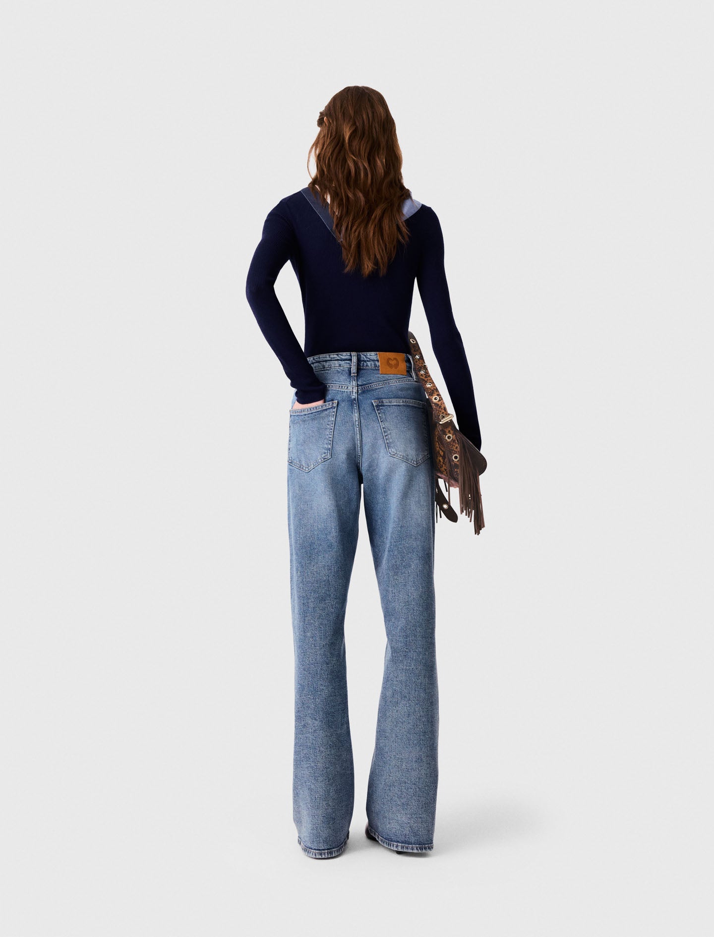 Wide-leg leather buckle jeans Blue