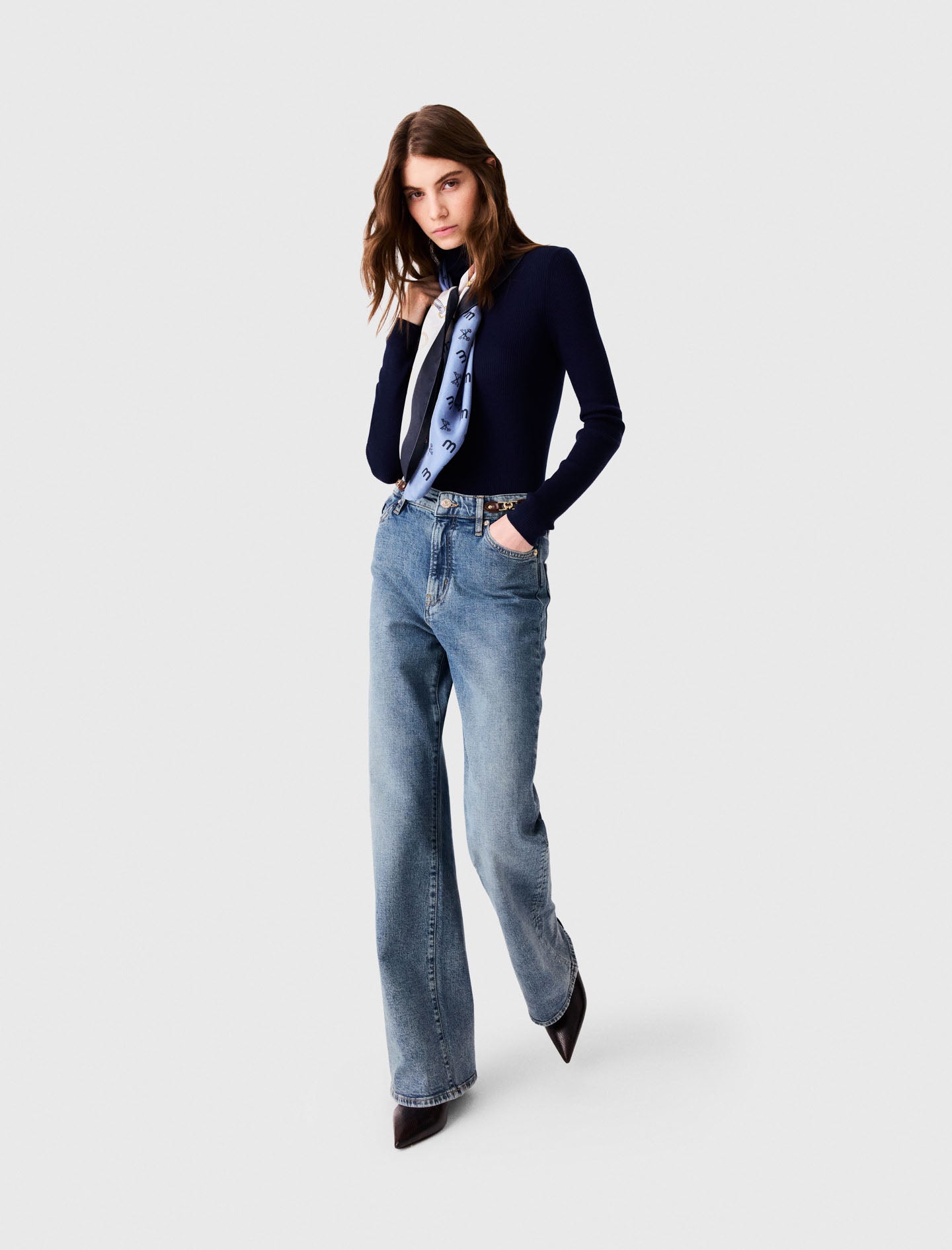Wide-leg leather buckle jeans Blue