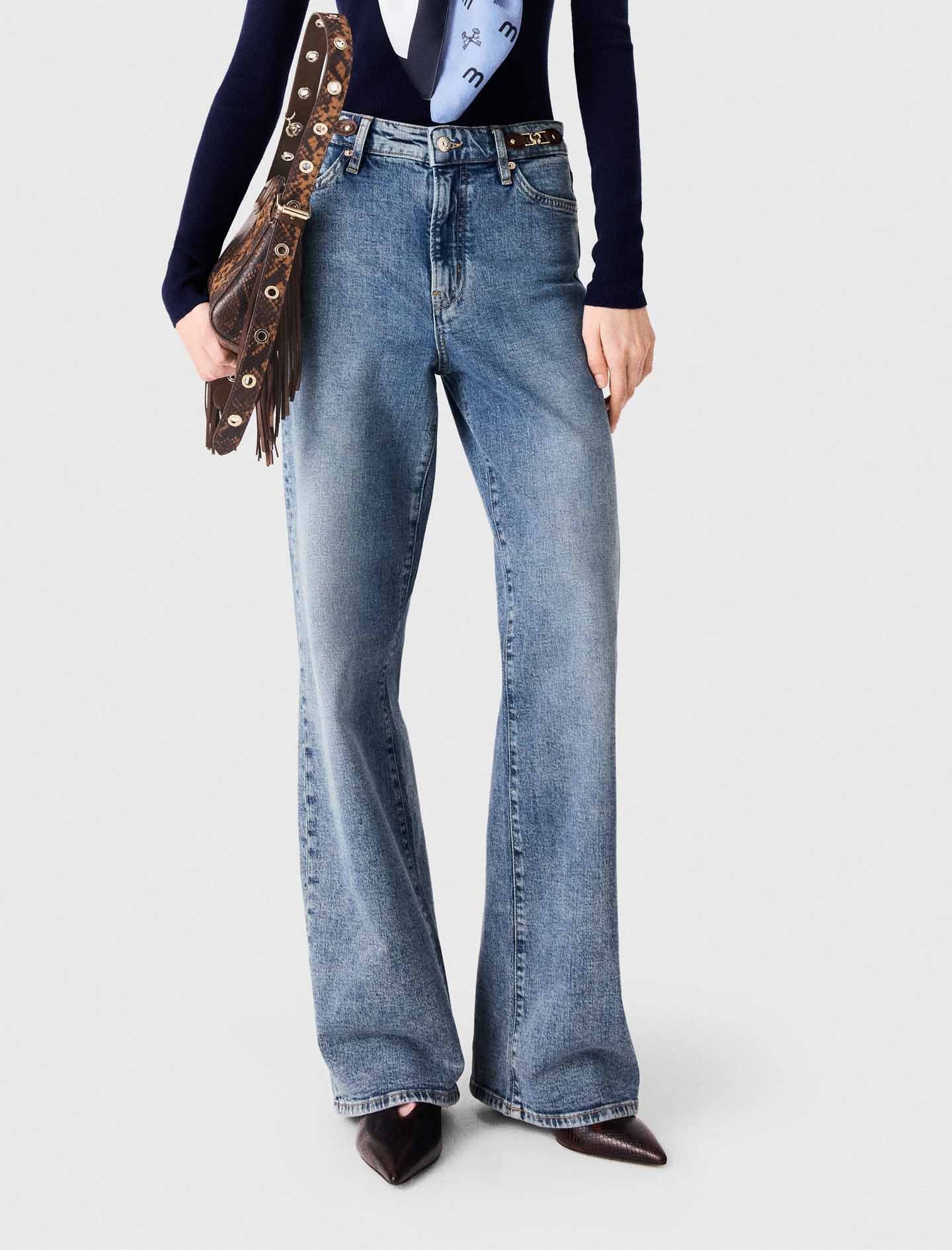 Wide-leg leather buckle jeans Blue