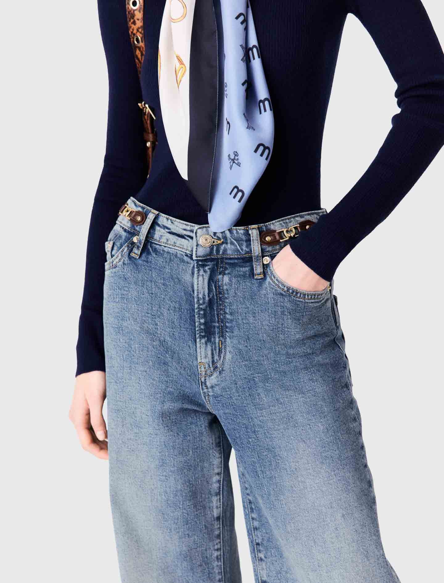 Wide-leg leather buckle jeans Blue