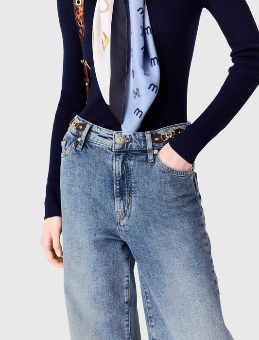 Wide-leg leather buckle jeans Blue