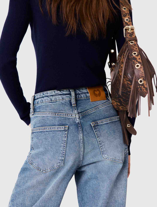 Wide-leg leather buckle jeans Blue