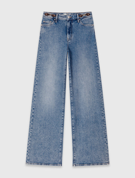 Wide-leg leather buckle jeans Blue
