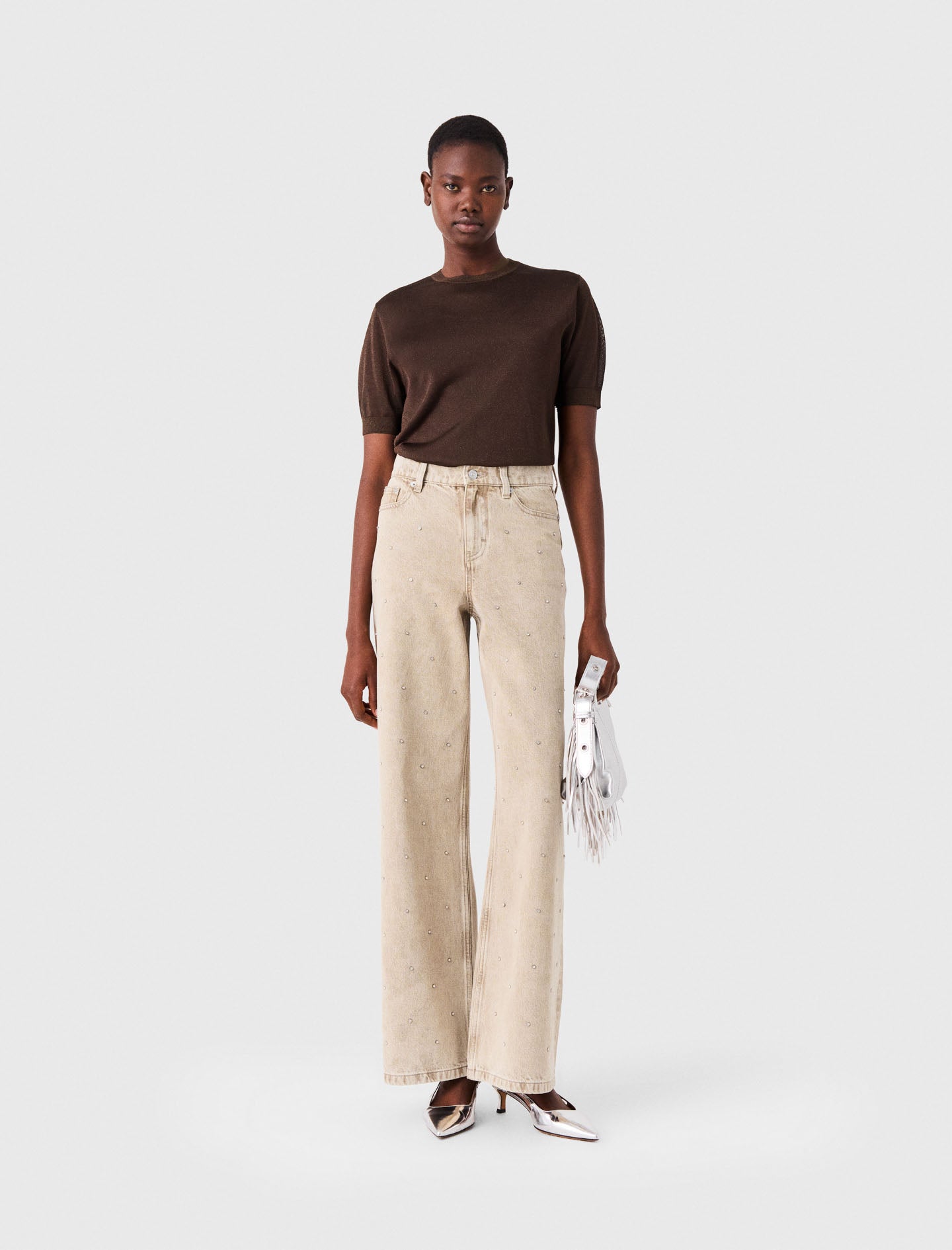 Wide-leg rhinestone jeans Beige