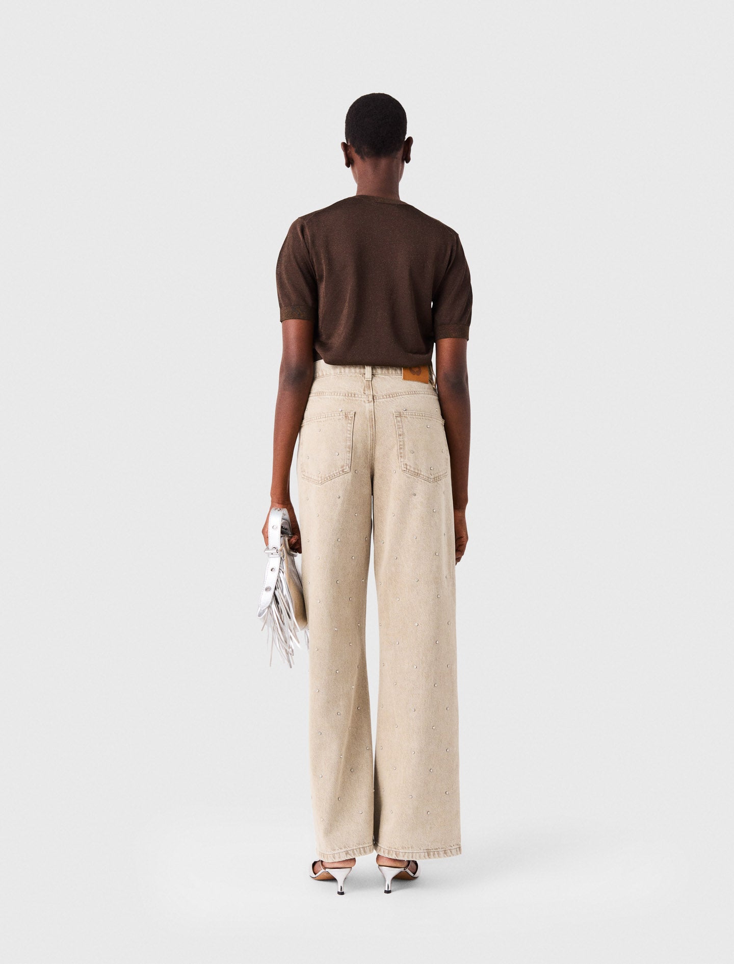Wide-leg rhinestone jeans Beige
