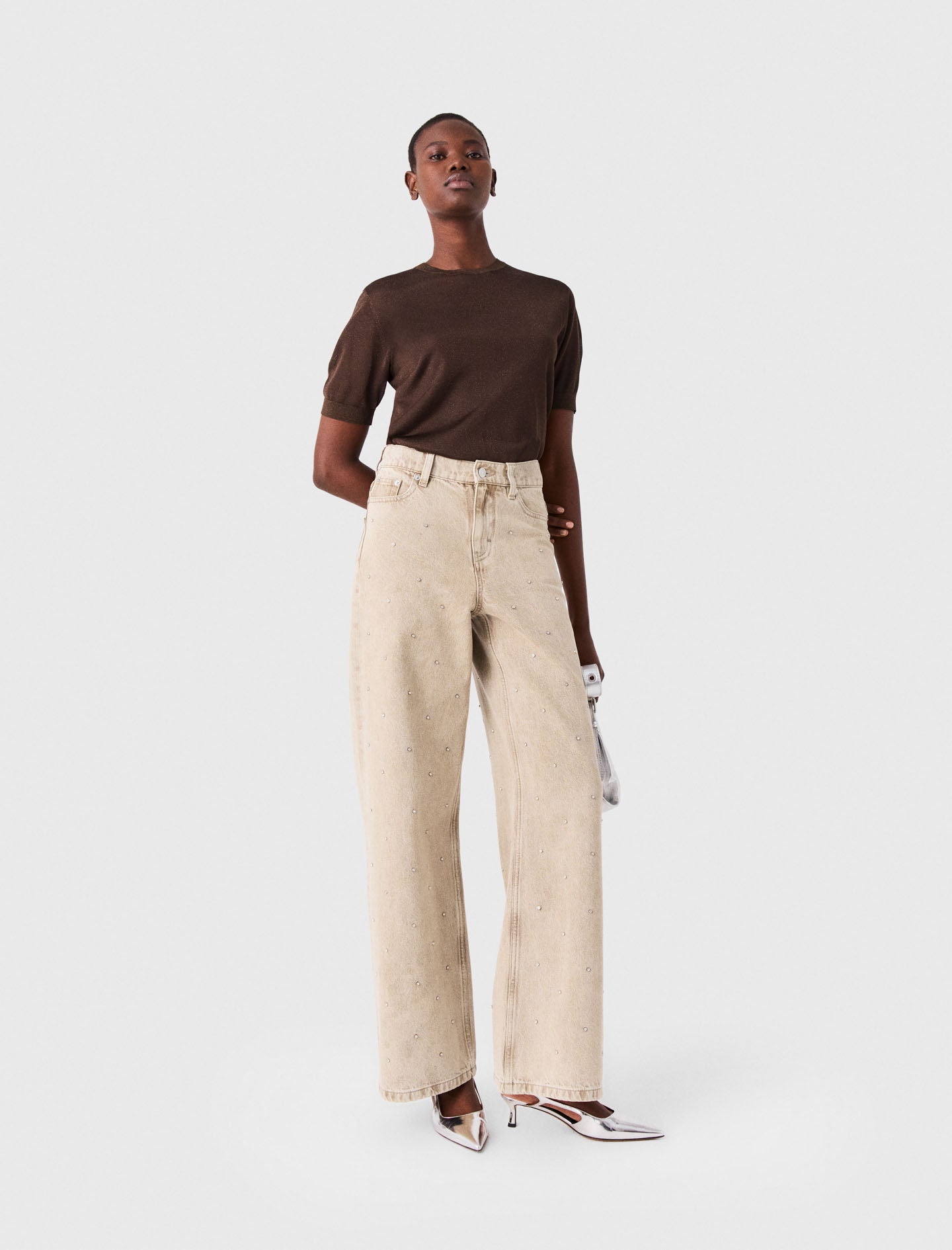 Wide-leg rhinestone jeans Beige