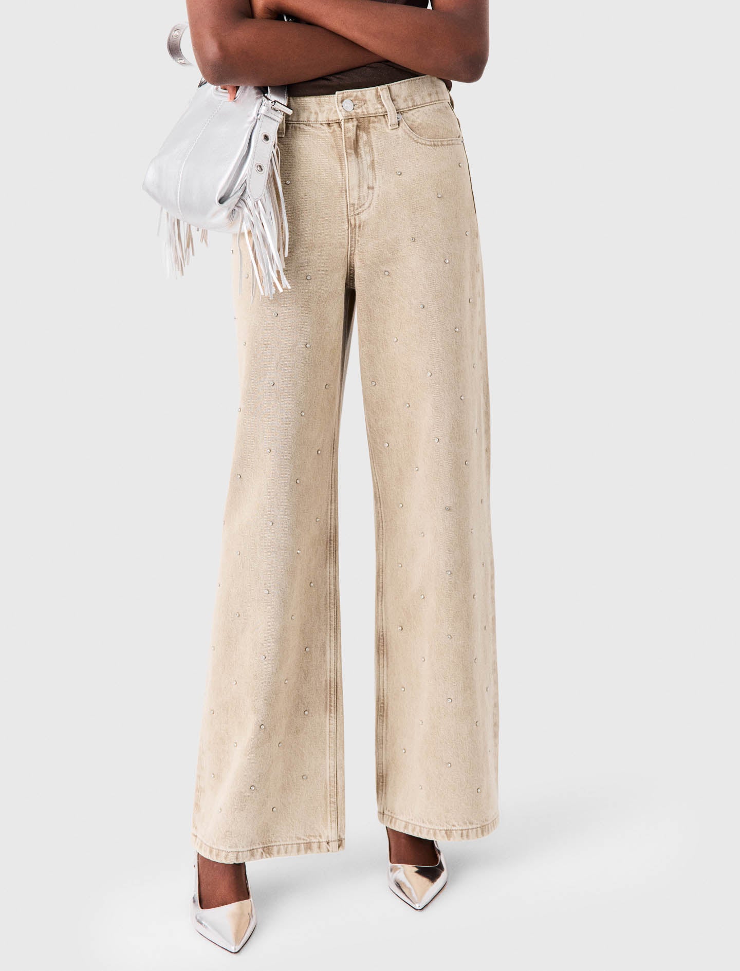 Wide-leg rhinestone jeans Beige