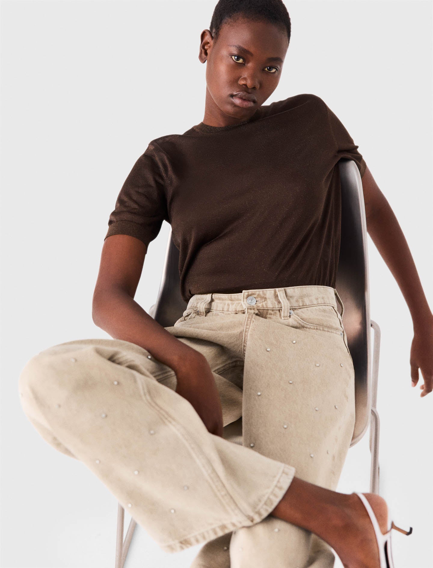Wide-leg rhinestone jeans Beige