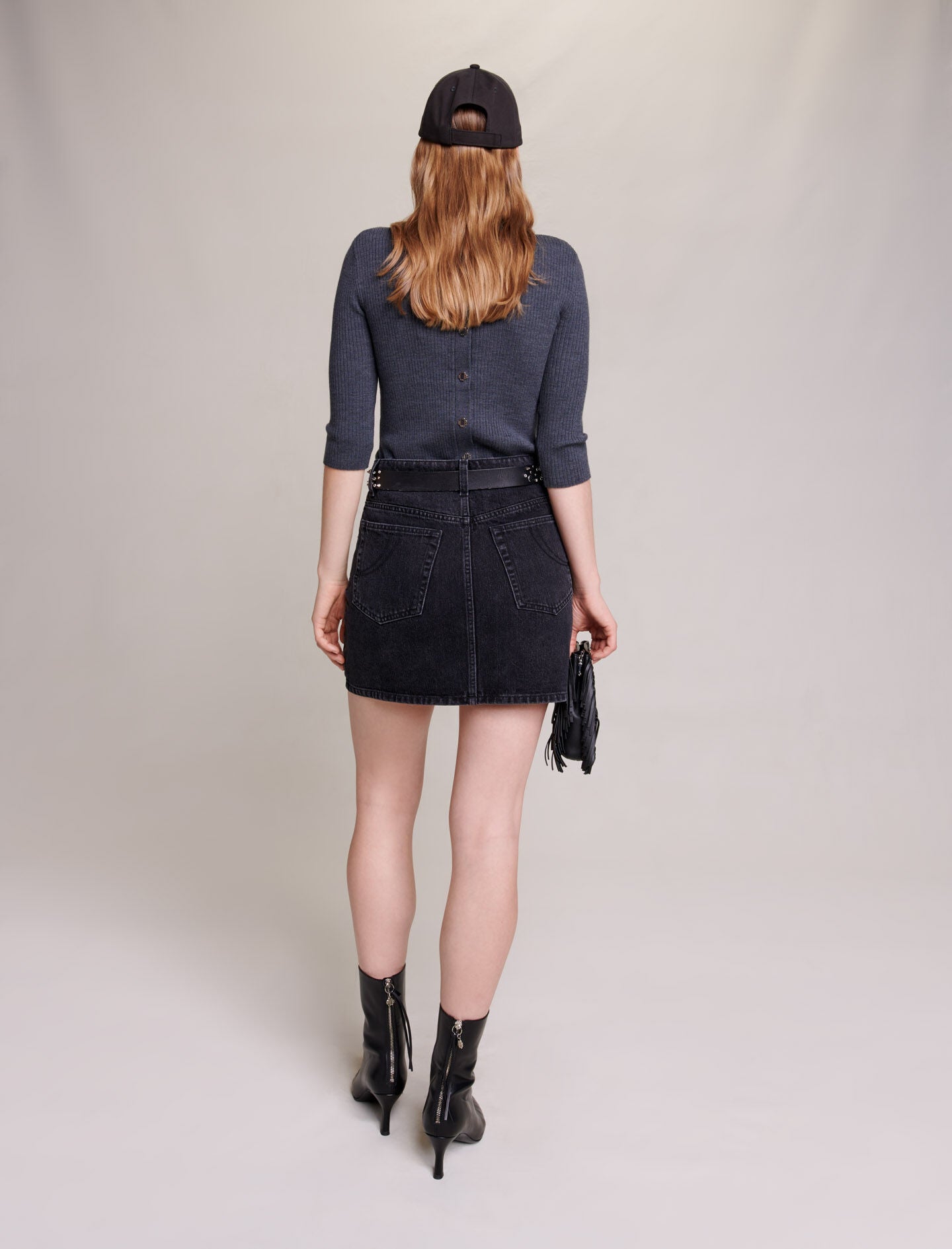 Black-short denim skirt with rhinestones