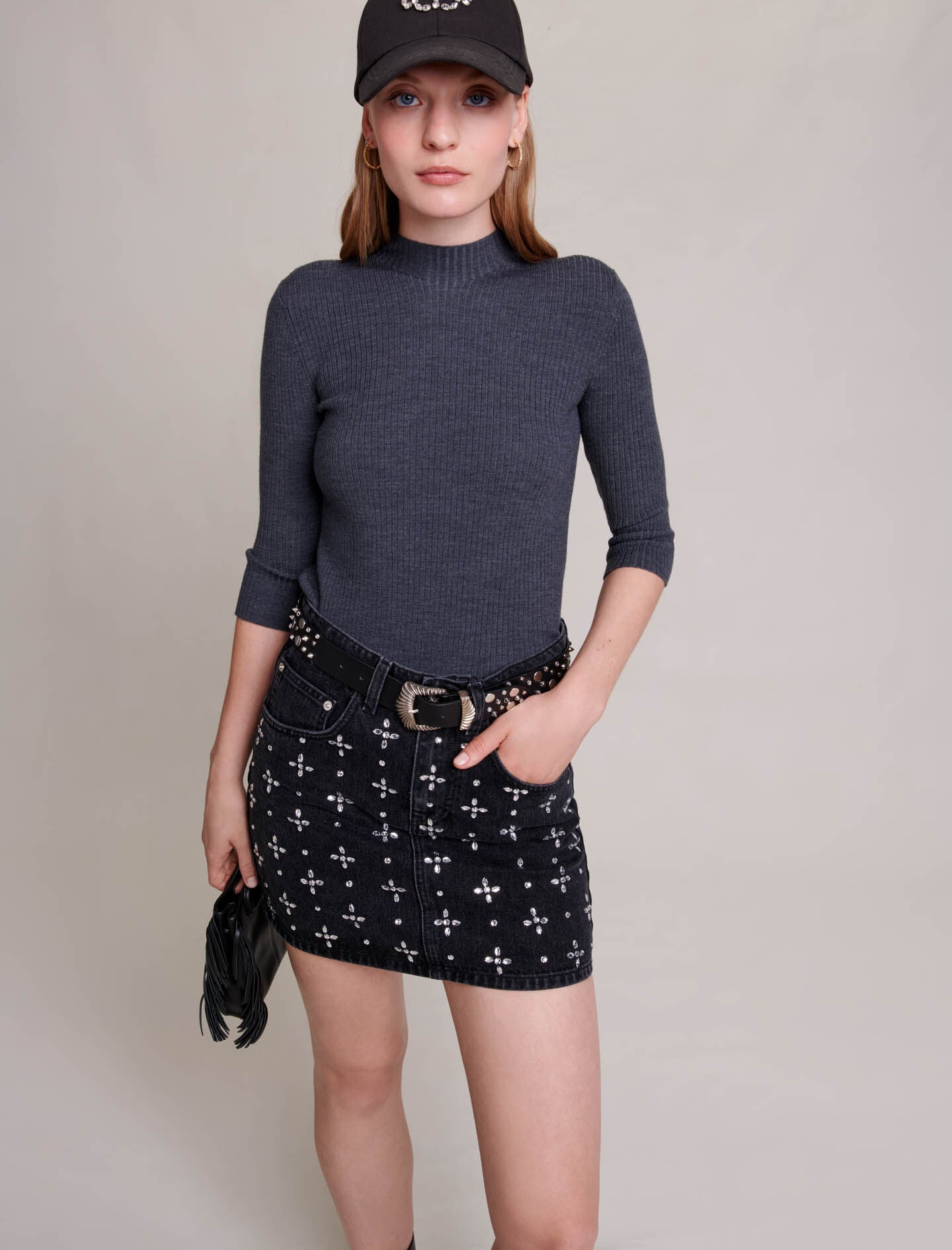 Black-short denim skirt with rhinestones