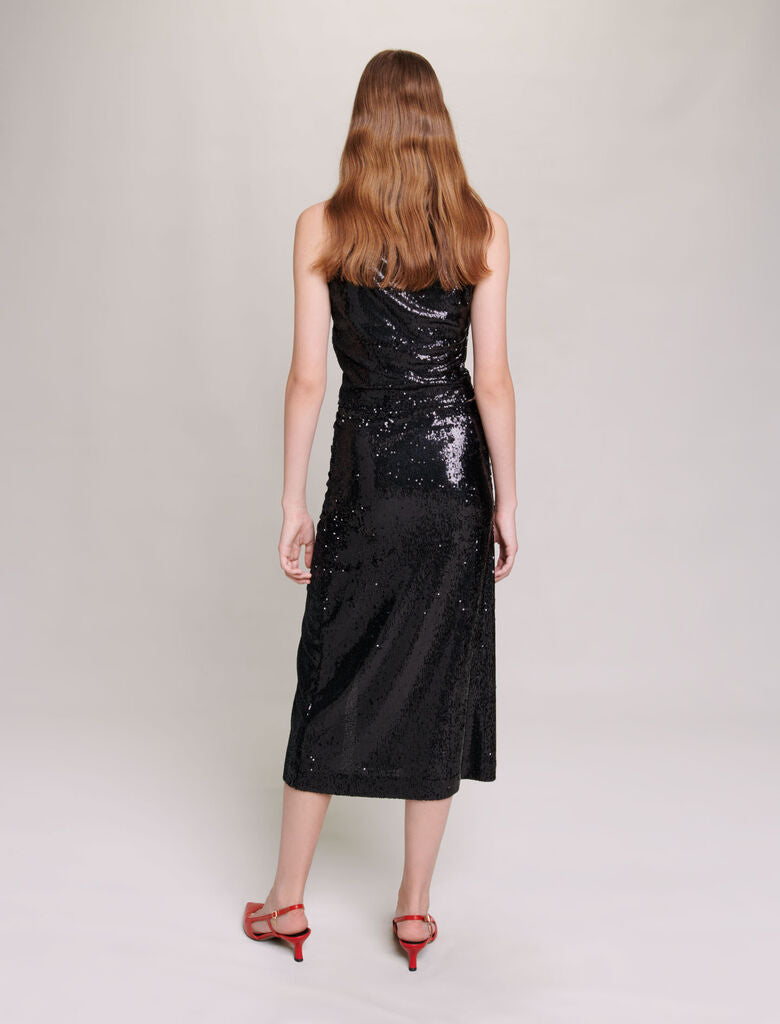 Black-Sparkling Sequin Midi Skirt