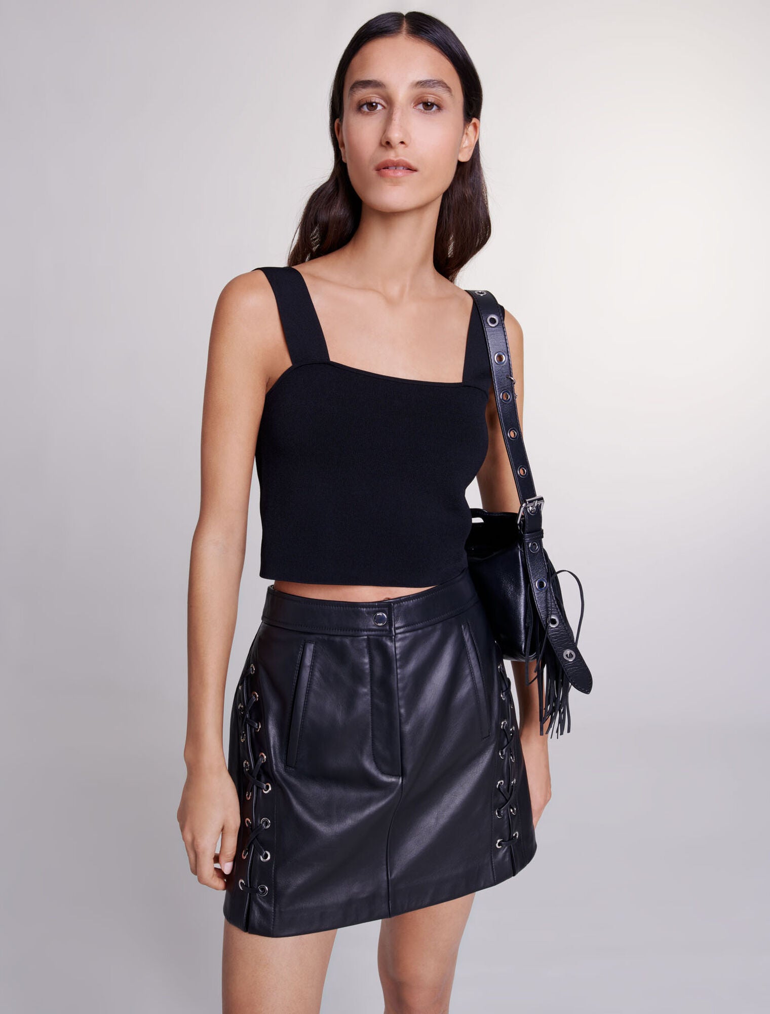 Black-Short leather skirt
