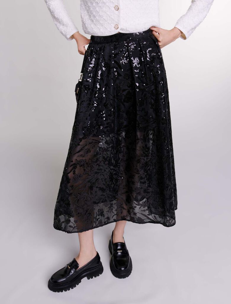 Black-Embroidered Sequin Maxi Skirt