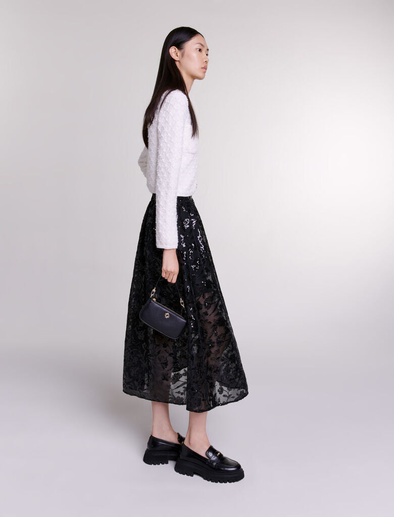 Black-Embroidered Sequin Maxi Skirt