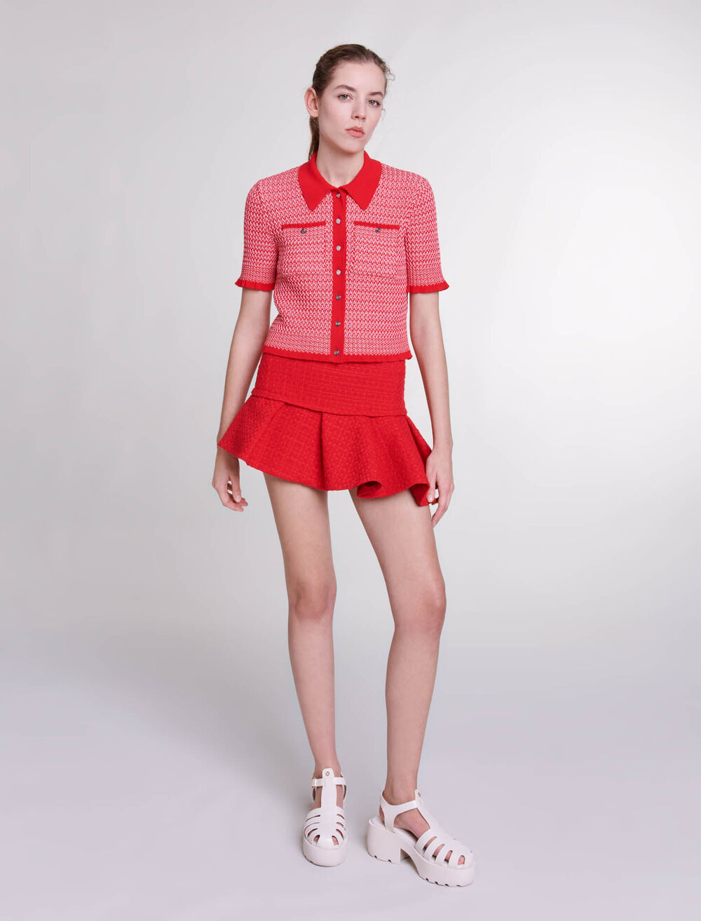 Red-featured-Asymmetrical tweed miniskirt