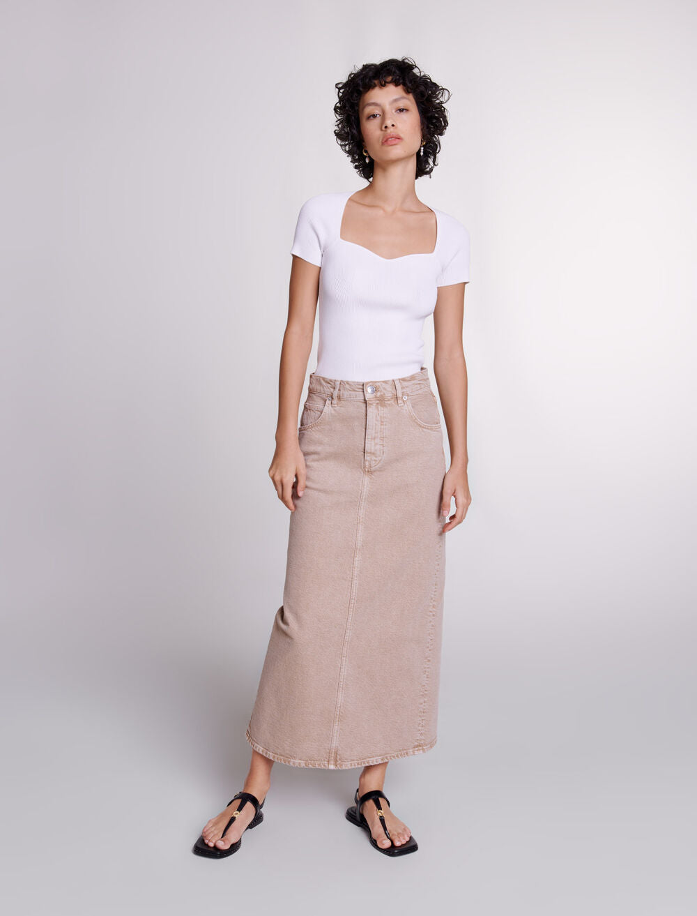 Brown-featured-Long denim skirt