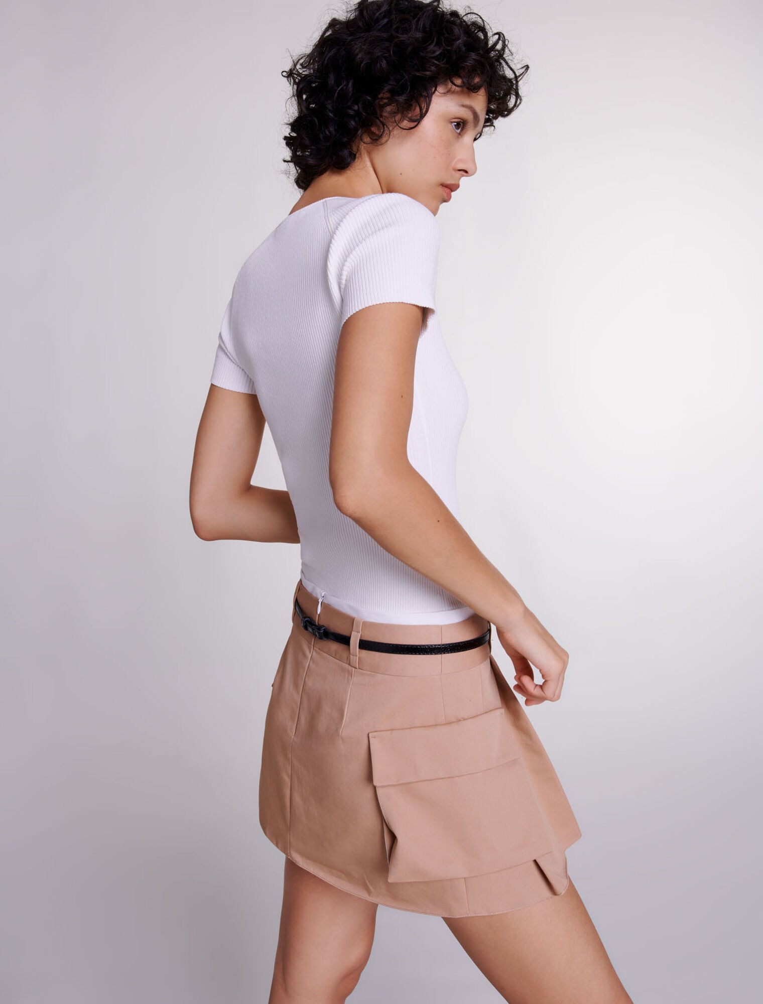 Beige-Short pleated skirt