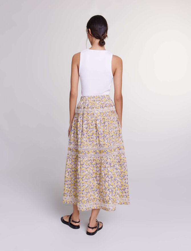 Print Embroided Flowers Beige-Long floral embroidered skirt