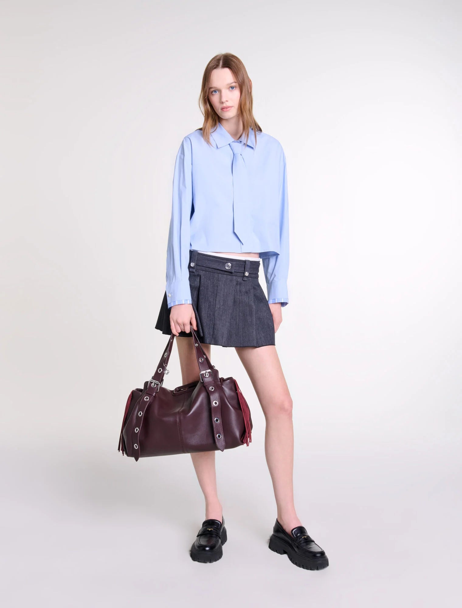 Black-featured-Black denim-effect mini skirt