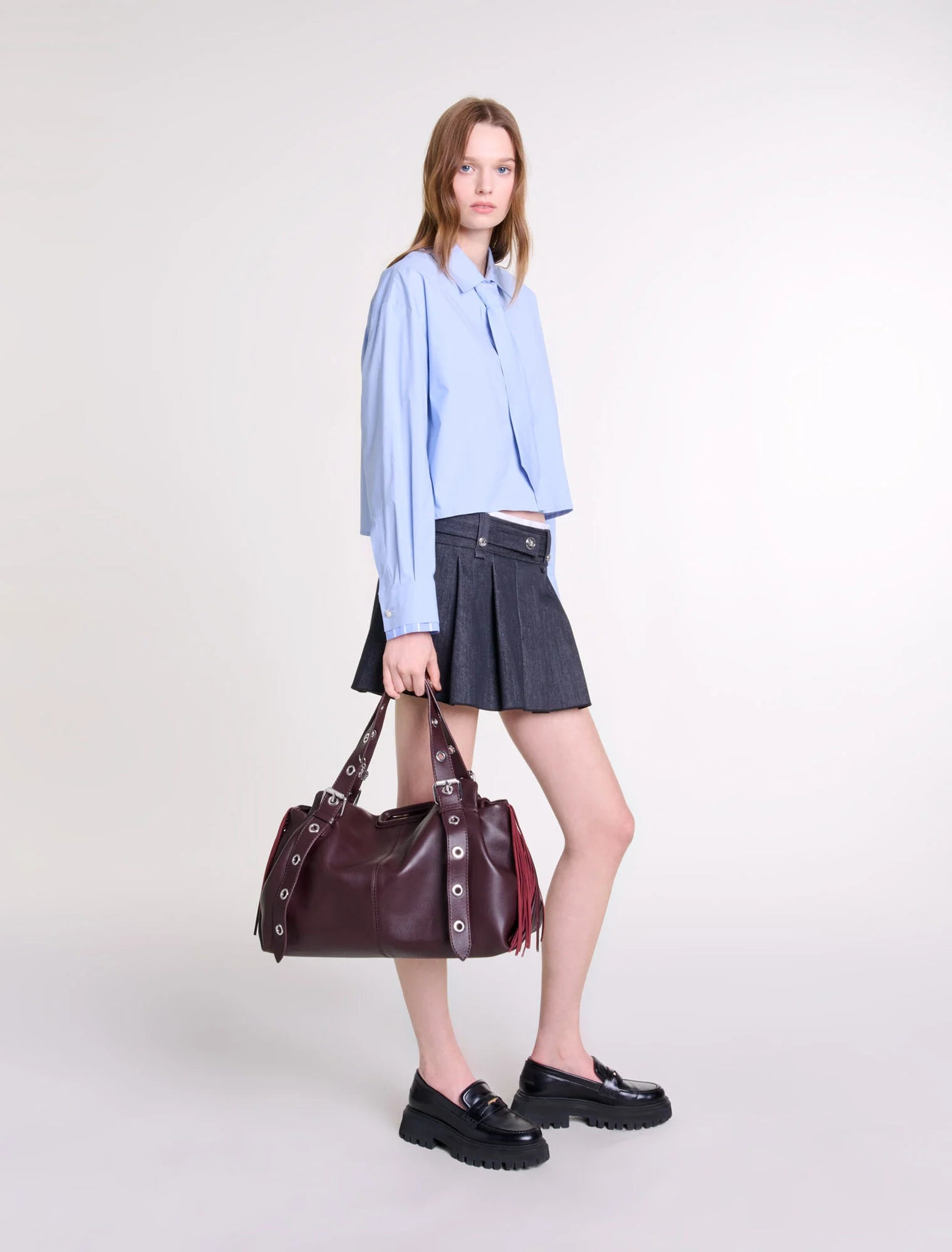 Black-Black denim-effect mini skirt
