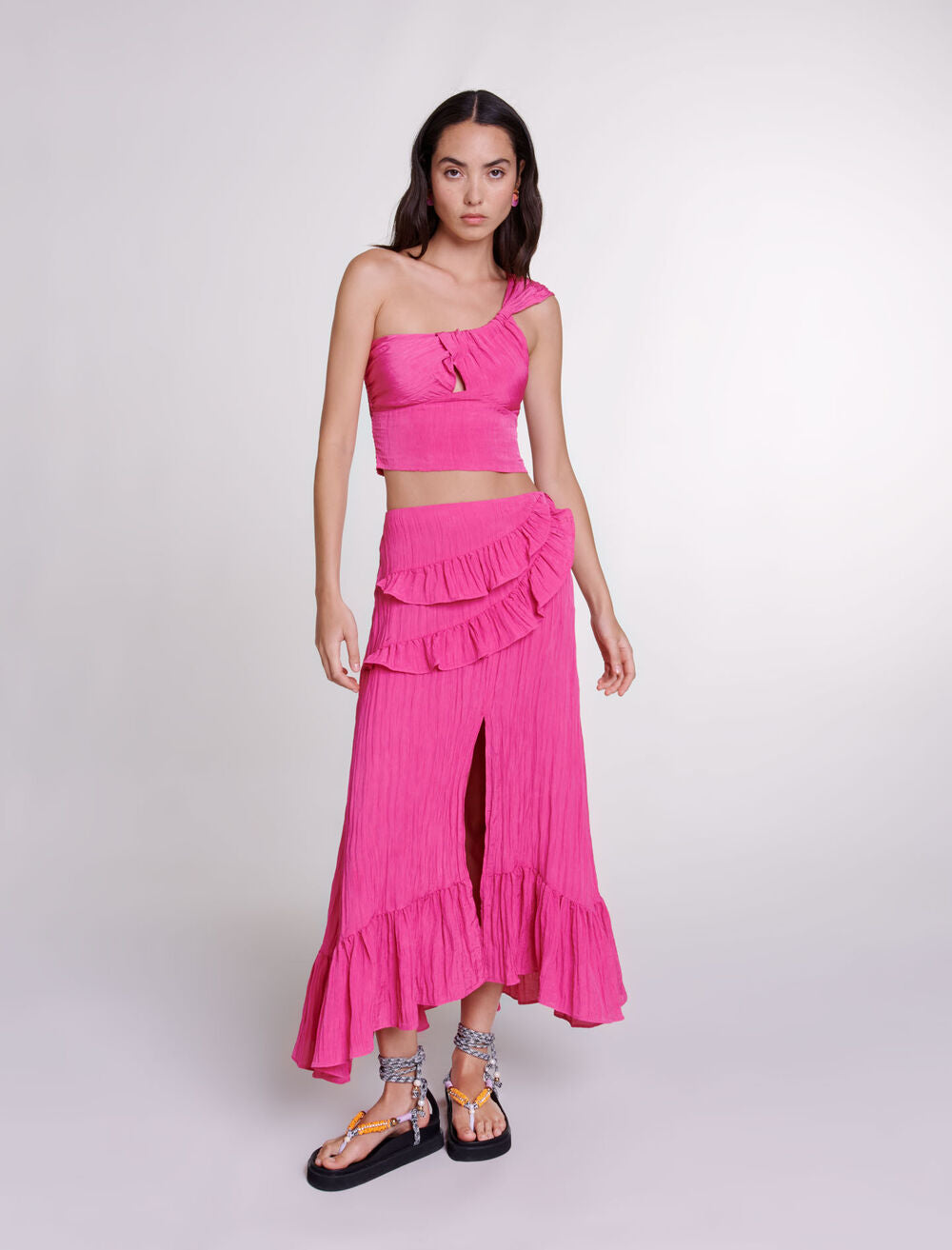 Fuchsia Pink-featured-Long satin-effect crinkle skirt