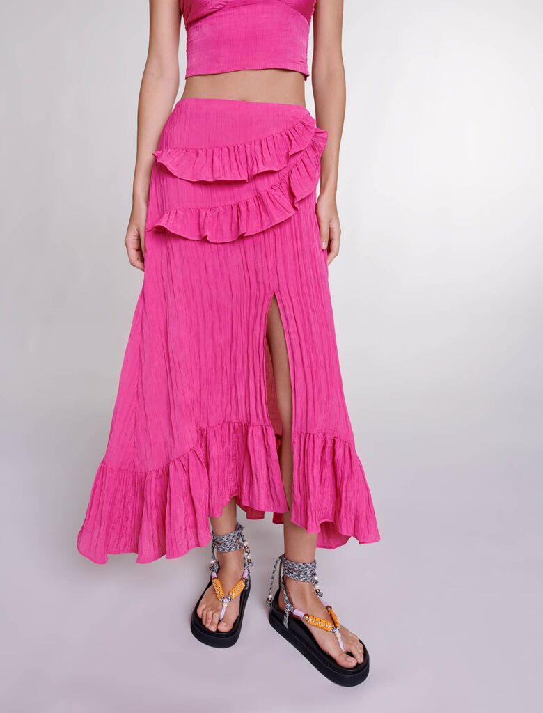 Fuchsia Pink-Long satin-effect crinkle skirt