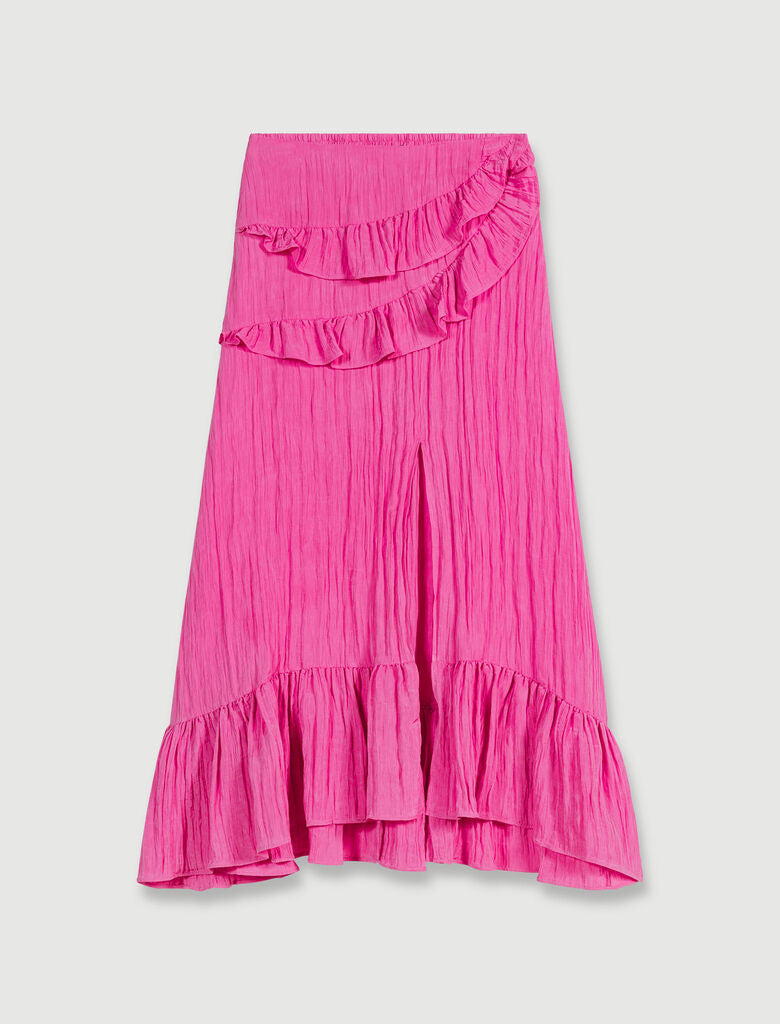 Fuchsia Pink-Long satin-effect crinkle skirt