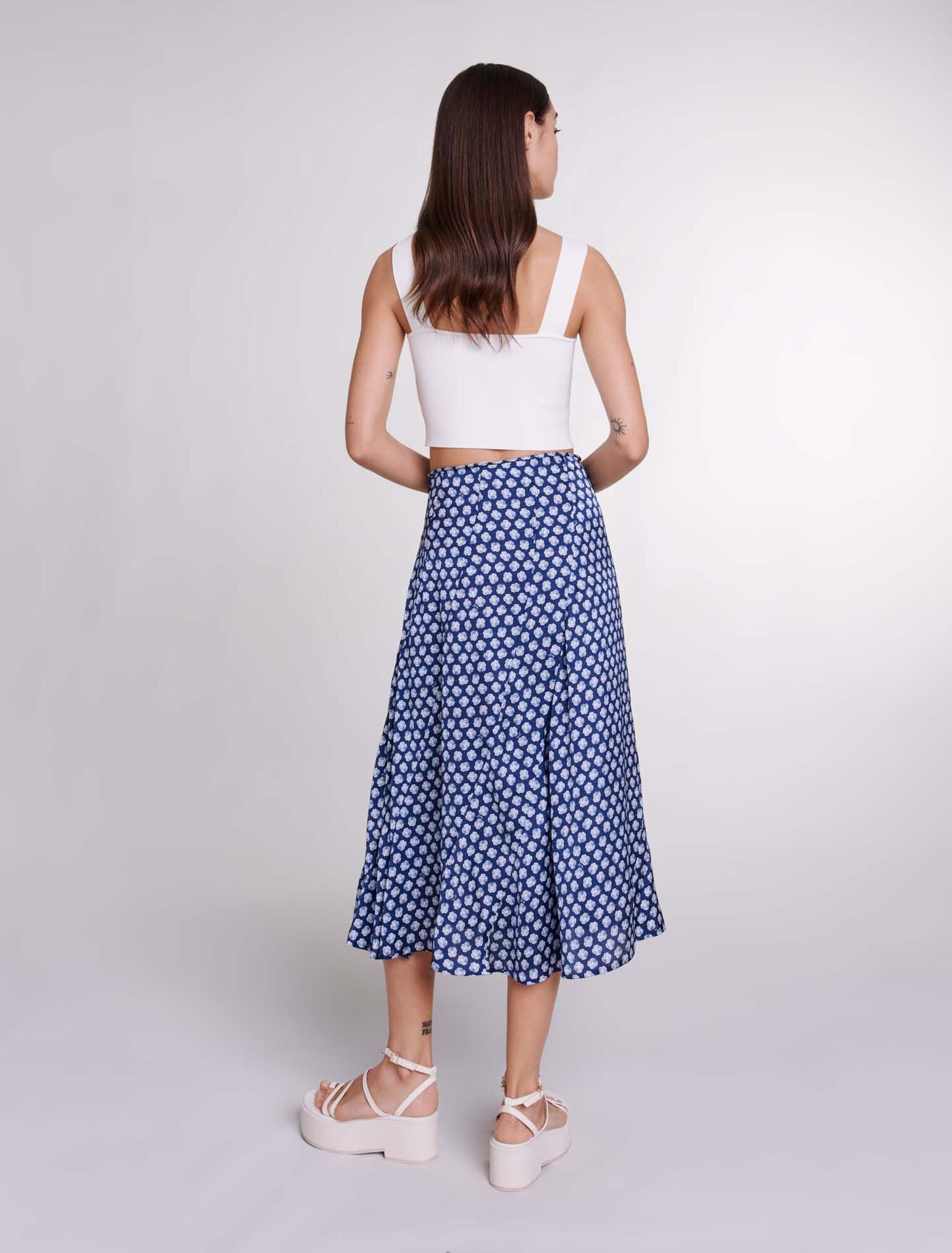 Clover Navy/Ecru Mid-length satin-effect skirt