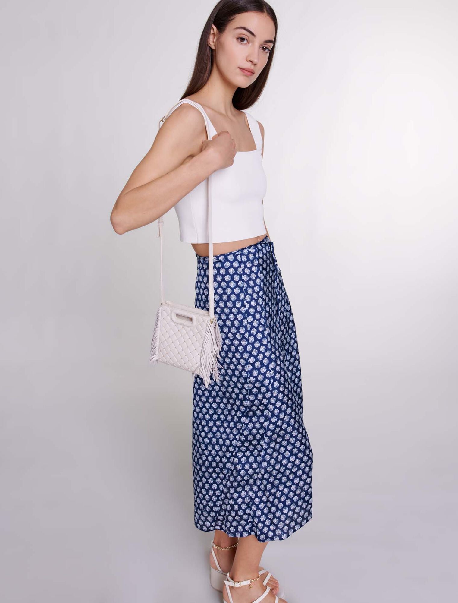 Clover Navy/Ecru Mid-length satin-effect skirt